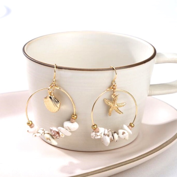 Seashell Bead Hoop Dangle Earrings - Picture 2 of 10